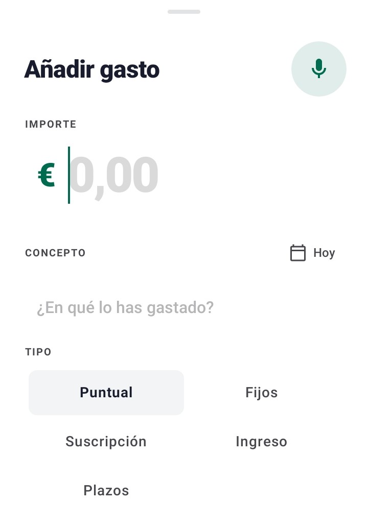 Panel de añadir gasto con botón de voz